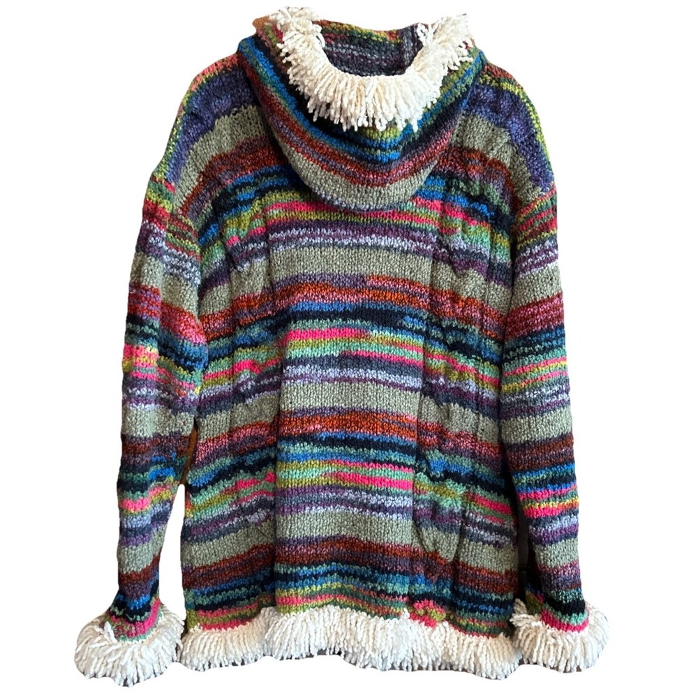 Hand Knitted Hooded Sweater Colorful Fringed Pockets Artist Made Heavy Knit - Picture 4 of 8